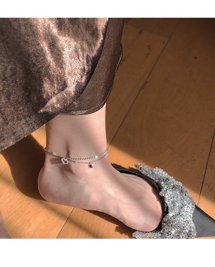 925纯银爱心双层小众设计脚链女韩版网红简约性感个性小清新学生