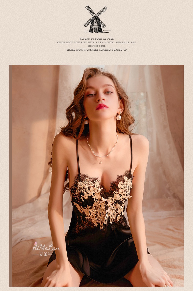 淘集运代购性感睡衣帶胸墊薄款冰絲蕾絲調情純欲吊帶睡裙女秋季168